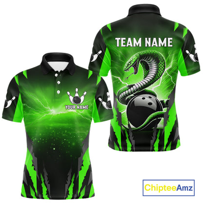 Green Thunder Lightning Cobra Snake Bowling Shirts For Men Custom Bowling Jersey Polo & 1/4 Zip TDM6084