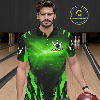 Green Thunder Lightning Cobra Snake Bowling Shirts For Men Custom Bowling Jersey Polo & 1/4 Zip TDM6084
