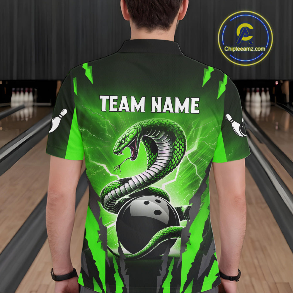 Green Thunder Lightning Cobra Snake Bowling Shirts For Men Custom Bowling Jersey Polo & 1/4 Zip TDM6084