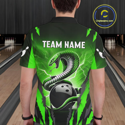 Green Thunder Lightning Cobra Snake Bowling Shirts For Men Custom Bowling Jersey Polo & 1/4 Zip TDM6084