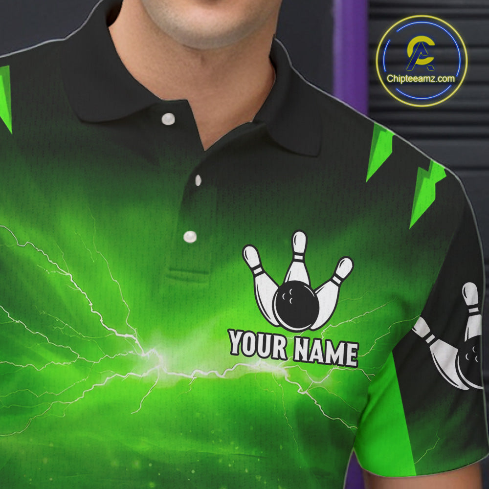 Green Thunder Lightning Cobra Snake Bowling Shirts For Men Custom Bowling Jersey Polo & 1/4 Zip TDM6084