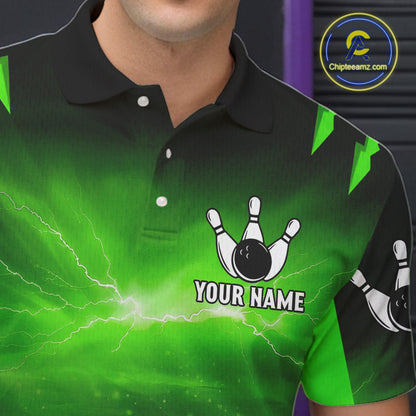 Green Thunder Lightning Cobra Snake Bowling Shirts For Men Custom Bowling Jersey Polo & 1/4 Zip TDM6084