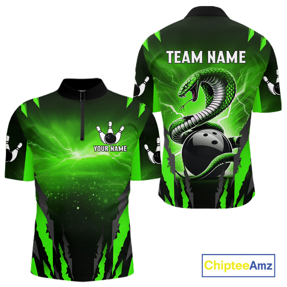 Green Thunder Lightning Cobra Snake Bowling Shirts For Men Custom Bowling Jersey Polo & 1/4 Zip TDM6084