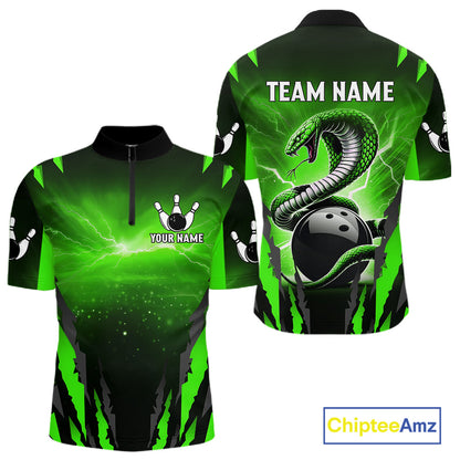 Green Thunder Lightning Cobra Snake Bowling Shirts For Men Custom Bowling Jersey Polo & 1/4 Zip TDM6084