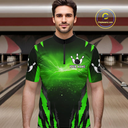 Green Thunder Lightning Cobra Snake Bowling Shirts For Men Custom Bowling Jersey Polo & 1/4 Zip TDM6084