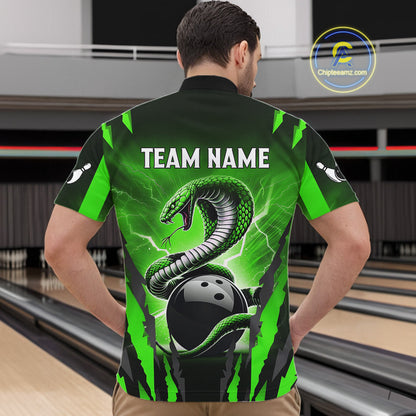 Green Thunder Lightning Cobra Snake Bowling Shirts For Men Custom Bowling Jersey Polo & 1/4 Zip TDM6084
