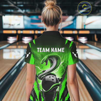 Green Thunder Lightning Cobra Snake Bowling Shirts For Women Custom Bowling Jersey Polo & 1/4 Zip TDM6084