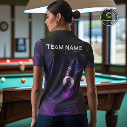 Personalized 3D Purple Billiard Jerseys For Women, Lightning 8 Ball Pool Billiard Team Shirts TDM4010