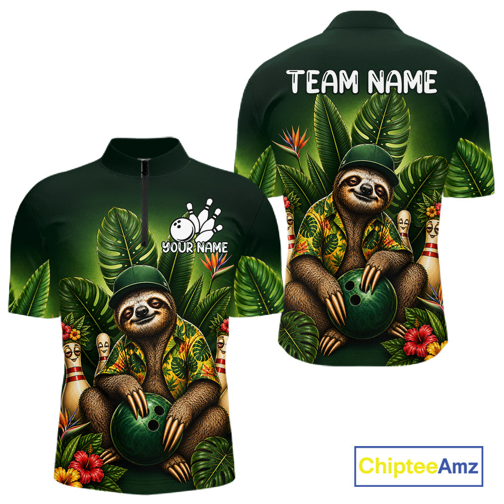 Custom Green Funny Sloth Tropical Bowling Shirts For Men, Bowling Team Jersey Polo & 1/4 Zip TDM6529