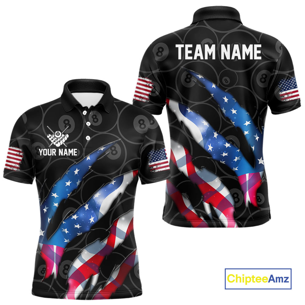 Custom Glowing American Flag 8 Ball Billiard Shirt For Men, Patriotic Billiard Team Jerseys |Black TDM4595