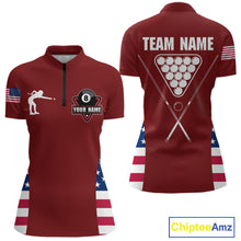 Load image into Gallery viewer, Personalized US Flag 8 Ball Pool Billiard Shirt For Women, Billiard Team Jersey Polo &amp; 1/4 Zip |Red TDM5477