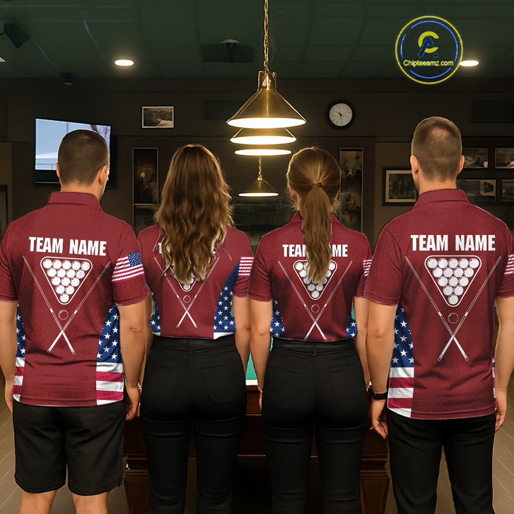 Personalized US Flag 8 Ball Pool Billiard Shirt For Men, Billiard Team Jersey Polo & 1/4 Zip |Red TDM5477