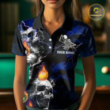 Load image into Gallery viewer, Personalized Smoke Skull Blue Billiard Shirts For Women, Grim Reaper Pool Jersey Team Polo &amp; 1/4 Zip TDM5934