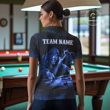 Load image into Gallery viewer, Personalized Smoke Skull Blue Billiard Shirts For Women, Grim Reaper Pool Jersey Team Polo &amp; 1/4 Zip TDM5934