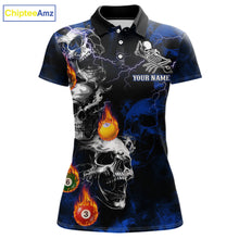 Load image into Gallery viewer, Personalized Smoke Skull Blue Billiard Shirts For Women, Grim Reaper Pool Jersey Team Polo &amp; 1/4 Zip TDM5934
