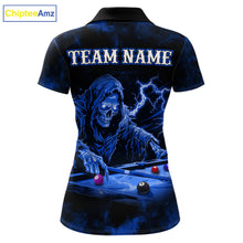 Load image into Gallery viewer, Personalized Smoke Skull Blue Billiard Shirts For Women, Grim Reaper Pool Jersey Team Polo &amp; 1/4 Zip TDM5934