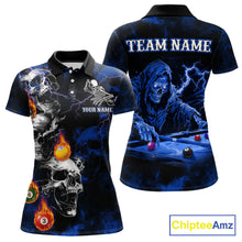 Load image into Gallery viewer, Personalized Smoke Skull Blue Billiard Shirts For Women, Grim Reaper Pool Jersey Team Polo &amp; 1/4 Zip TDM5934
