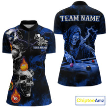 Load image into Gallery viewer, Personalized Smoke Skull Blue Billiard Shirts For Women, Grim Reaper Pool Jersey Team Polo &amp; 1/4 Zip TDM5934