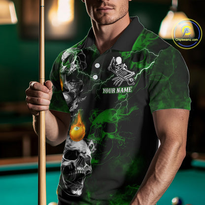 Personalized Smoke Skull Green Billiard Shirts For Men, Grim Reaper Pool Jersey Team Polo, 1/4 Zip TDM5935