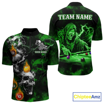 Personalized Smoke Skull Green Billiard Shirts For Men, Grim Reaper Pool Jersey Team Polo, 1/4 Zip TDM5935