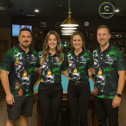 Personalized Smoke Skull Green Billiard Shirts For Men, Grim Reaper Pool Jersey Team Polo, 1/4 Zip TDM5935