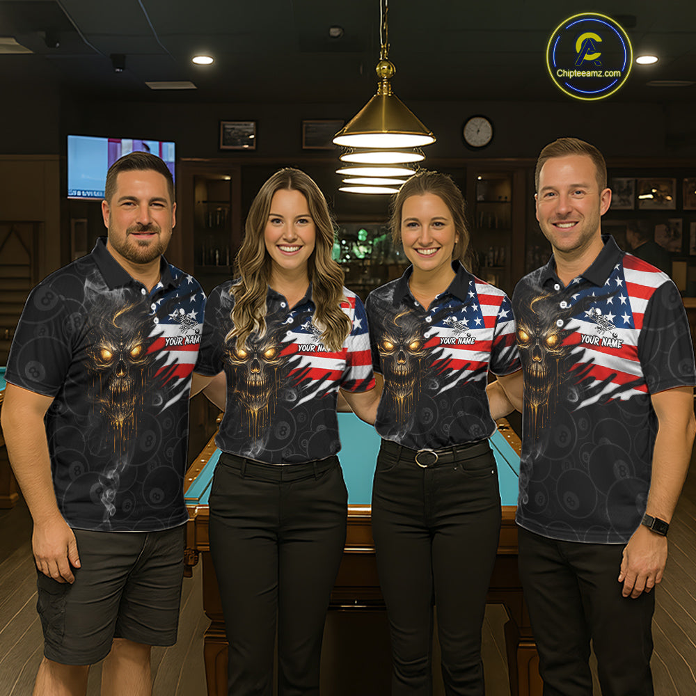 Billiard Skull 8 Ball Crown US Flag Polo & 1/4 Zip Pool Team Shirt For Women Custom Billiard Jersey TDM6353
