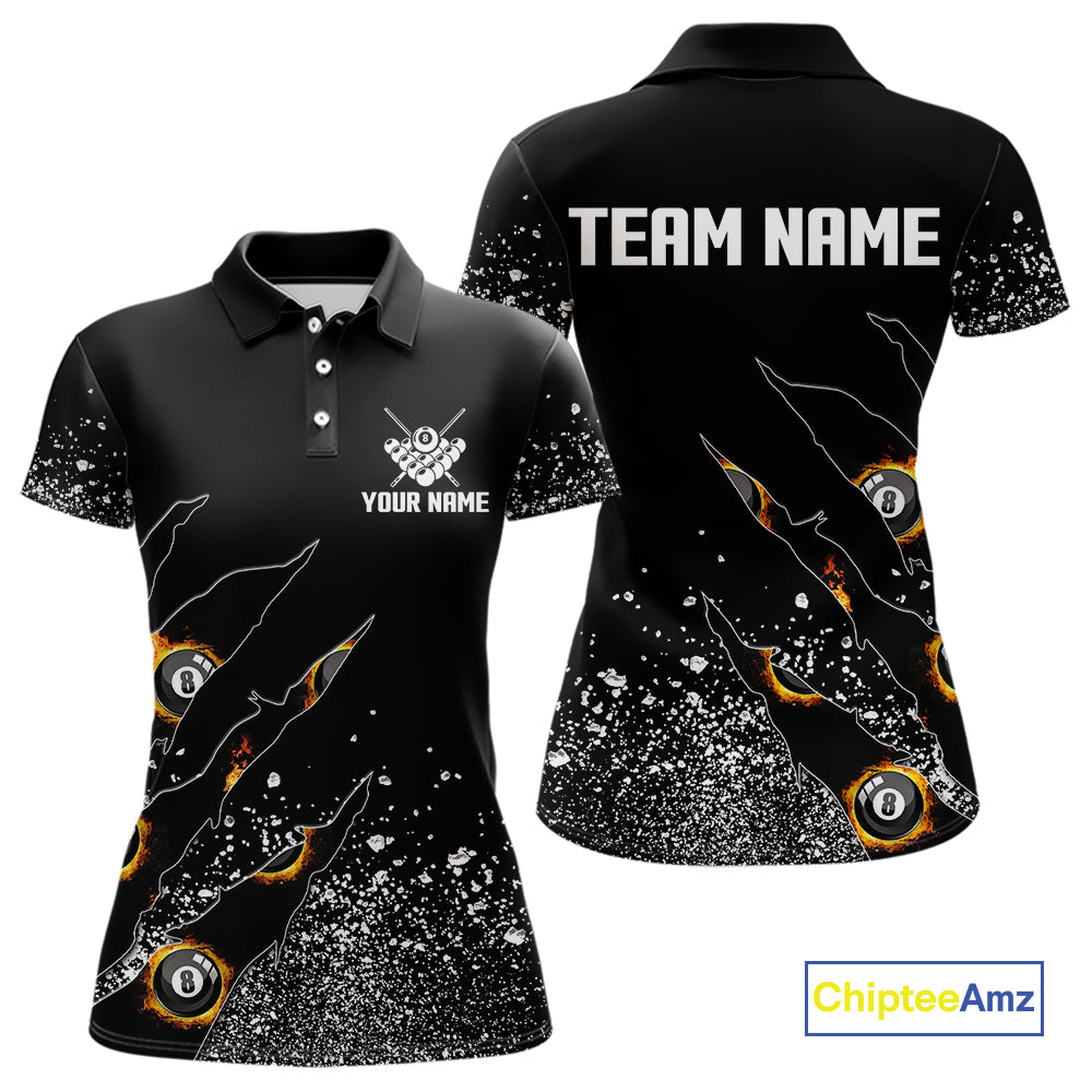 Custom 8 Ball Fire Black Grunge Billiard Shirts For Women, Billiard Team Shirts Pool Jerseys TDM4015