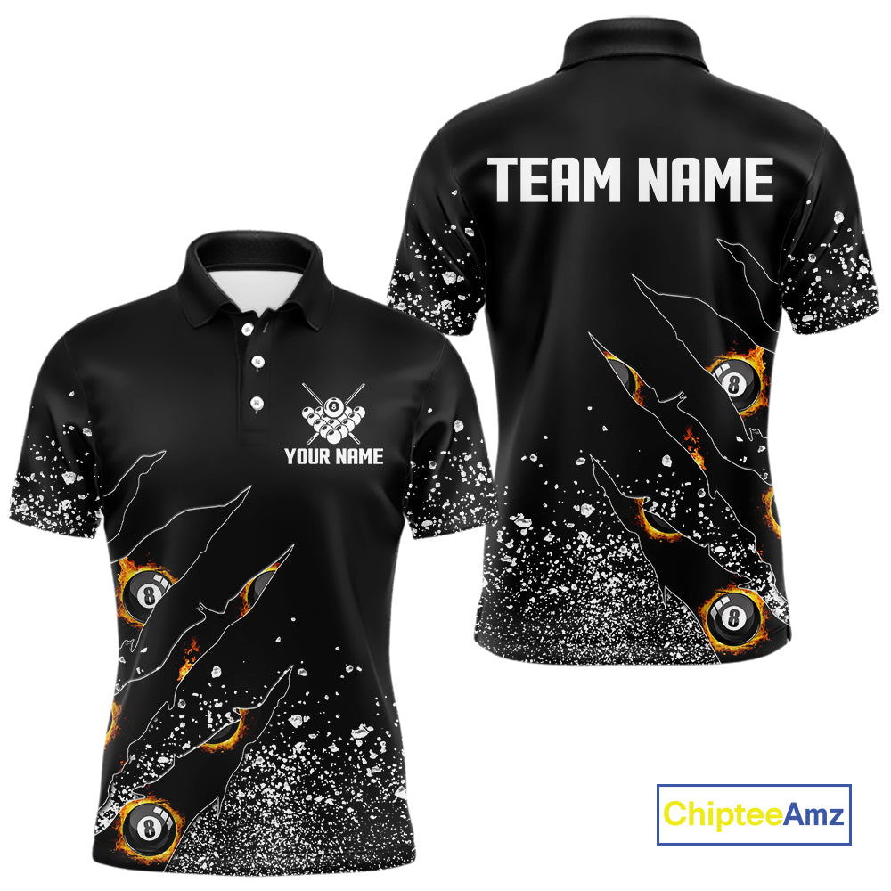 Custom 8 Ball Fire Black Grunge Billiard Shirts For Men, Billiard Team Shirts Pool Jerseys TDM4015
