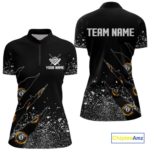 Custom 8 Ball Fire Black Grunge Billiard Shirts For Women, Billiard Team Shirts Pool Jerseys TDM4015