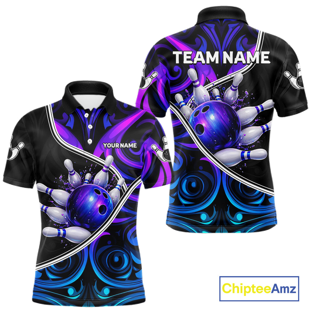 Neon Purple Blue Tribal Bowling Shirts For Men Custom Bowling Team Jersey Polo & Quarter Zip TDM6105