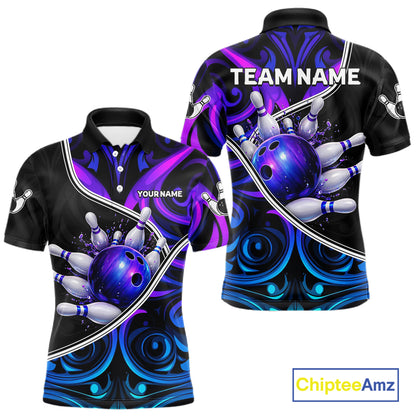 Neon Purple Blue Tribal Bowling Shirts For Men Custom Bowling Team Jersey Polo & Quarter Zip TDM6105