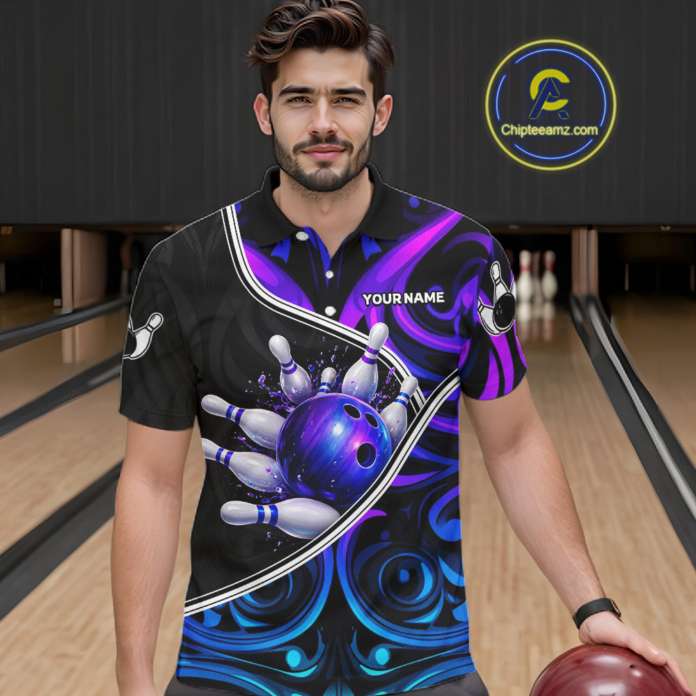 Neon Purple Blue Tribal Bowling Shirts For Men Custom Bowling Team Jersey Polo & Quarter Zip TDM6105