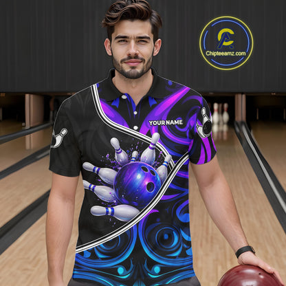 Neon Purple Blue Tribal Bowling Shirts For Men Custom Bowling Team Jersey Polo & Quarter Zip TDM6105