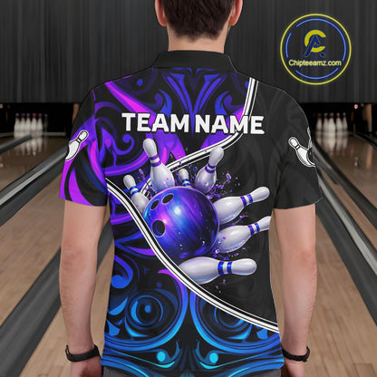 Neon Purple Blue Tribal Bowling Shirts For Men Custom Bowling Team Jersey Polo & Quarter Zip TDM6105