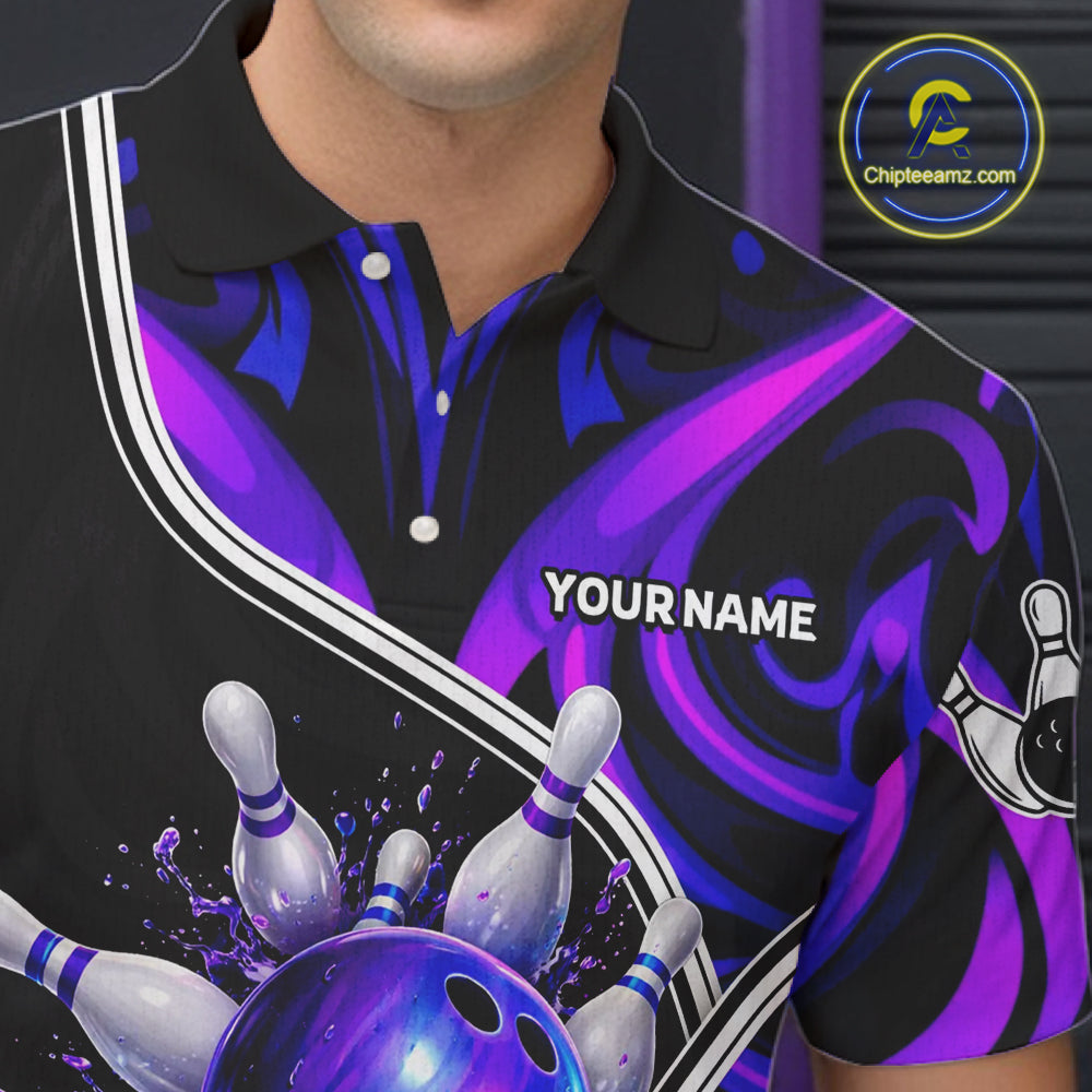 Neon Purple Blue Tribal Bowling Shirts For Men Custom Bowling Team Jersey Polo & Quarter Zip TDM6105