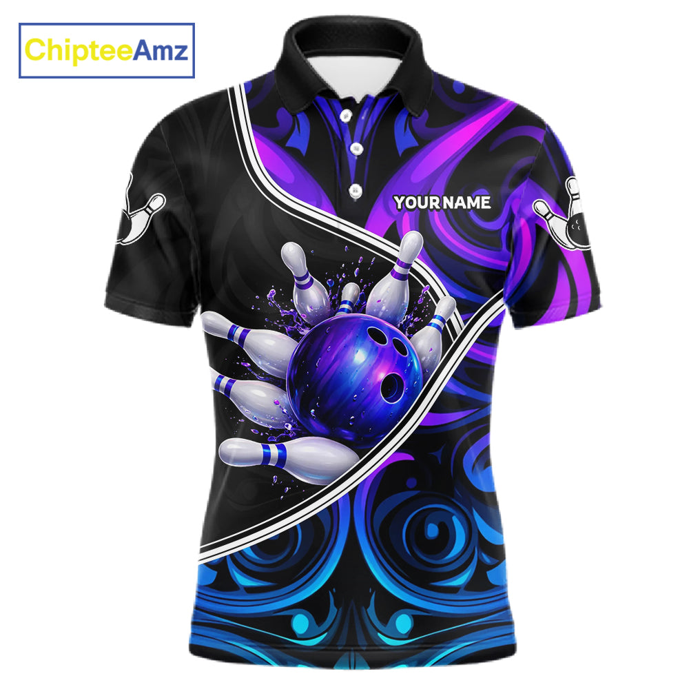 Neon Purple Blue Tribal Bowling Shirts For Men Custom Bowling Team Jersey Polo & Quarter Zip TDM6105