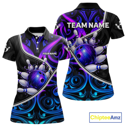 Neon Purple Blue Tribal Bowling Shirts For Women Custom Bowling Team Jersey Polo & Quarter Zip TDM6105