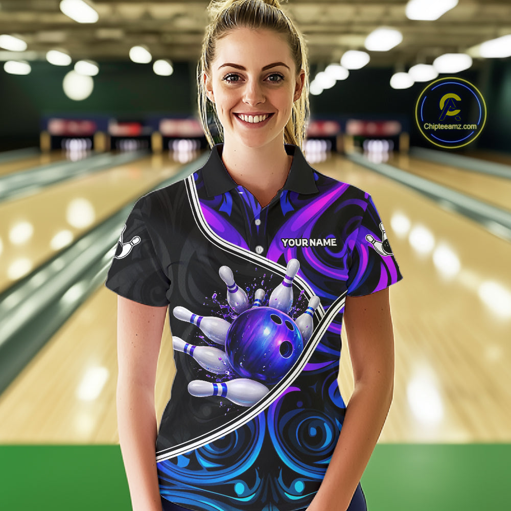 Neon Purple Blue Tribal Bowling Shirts For Women Custom Bowling Team Jersey Polo & Quarter Zip TDM6105