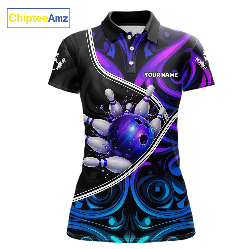 Neon Purple Blue Tribal Bowling Shirts For Women Custom Bowling Team Jersey Polo & Quarter Zip TDM6105