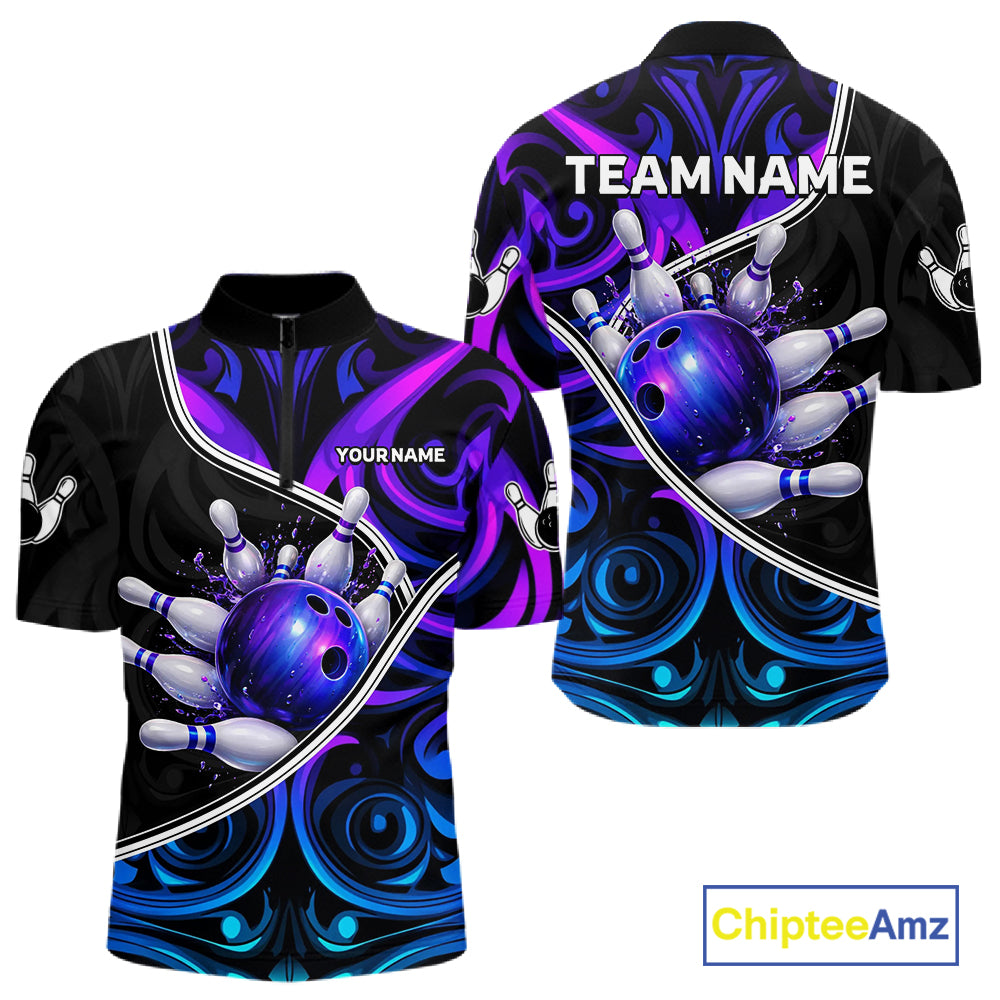 Neon Purple Blue Tribal Bowling Shirts For Men Custom Bowling Team Jersey Polo & Quarter Zip TDM6105