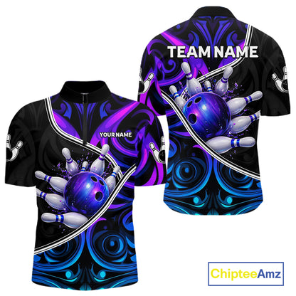 Neon Purple Blue Tribal Bowling Shirts For Men Custom Bowling Team Jersey Polo & Quarter Zip TDM6105