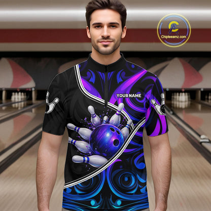 Neon Purple Blue Tribal Bowling Shirts For Men Custom Bowling Team Jersey Polo & Quarter Zip TDM6105
