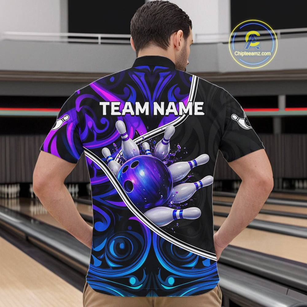 Neon Purple Blue Tribal Bowling Shirts For Men Custom Bowling Team Jersey Polo & Quarter Zip TDM6105