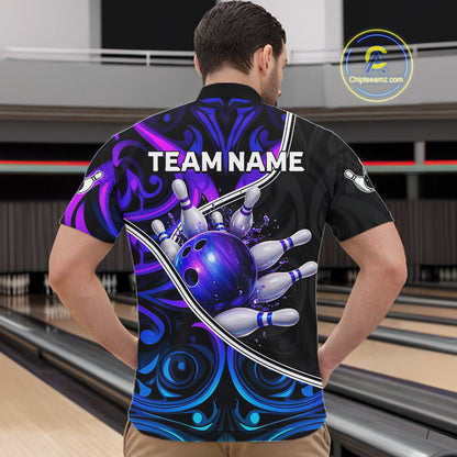 Neon Purple Blue Tribal Bowling Shirts For Men Custom Bowling Team Jersey Polo & Quarter Zip TDM6105