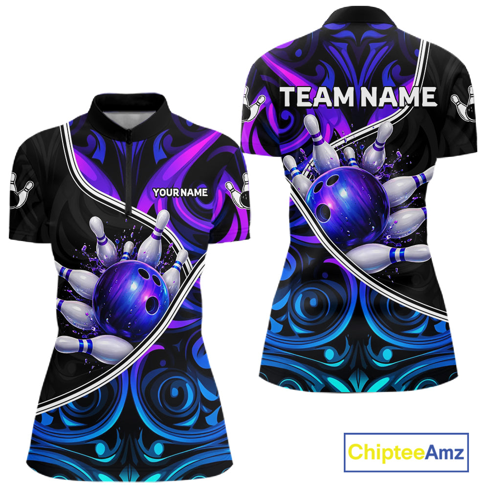 Neon Purple Blue Tribal Bowling Shirts For Women Custom Bowling Team Jersey Polo & Quarter Zip TDM6105