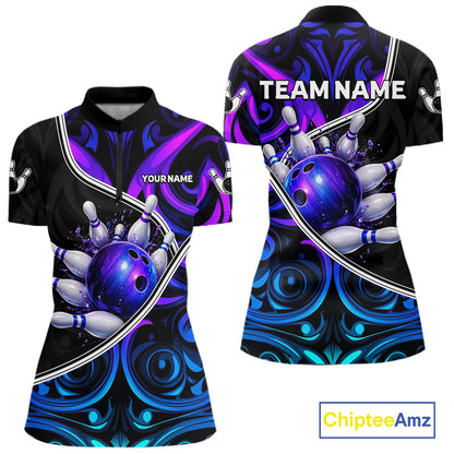 Neon Purple Blue Tribal Bowling Shirts For Women Custom Bowling Team Jersey Polo & Quarter Zip TDM6105