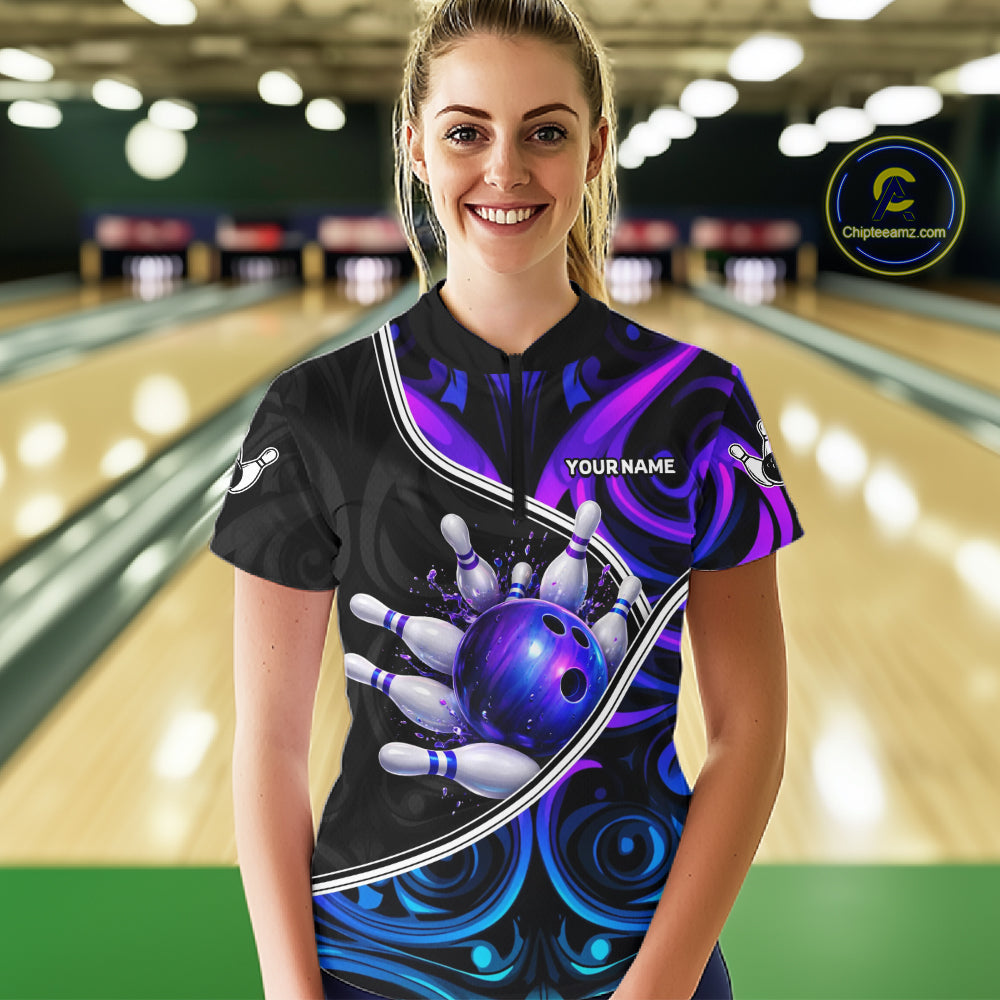Neon Purple Blue Tribal Bowling Shirts For Women Custom Bowling Team Jersey Polo & Quarter Zip TDM6105