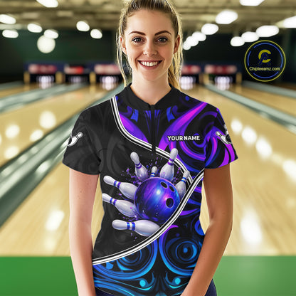 Neon Purple Blue Tribal Bowling Shirts For Women Custom Bowling Team Jersey Polo & Quarter Zip TDM6105
