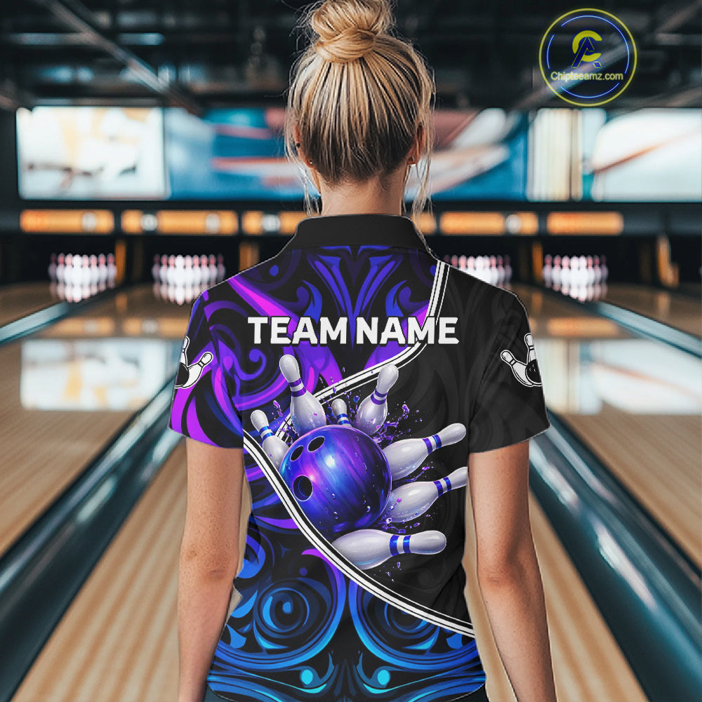 Neon Purple Blue Tribal Bowling Shirts For Women Custom Bowling Team Jersey Polo & Quarter Zip TDM6105