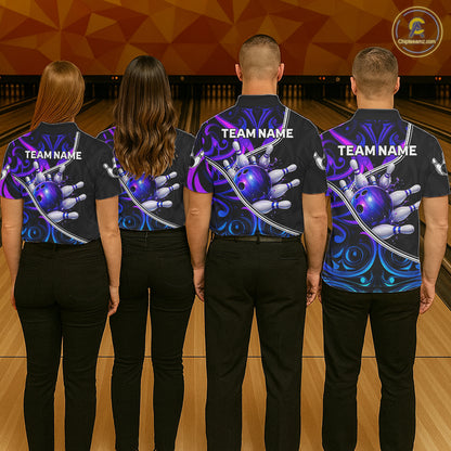 Neon Purple Blue Tribal Bowling Shirts For Men Custom Bowling Team Jersey Polo & Quarter Zip TDM6105